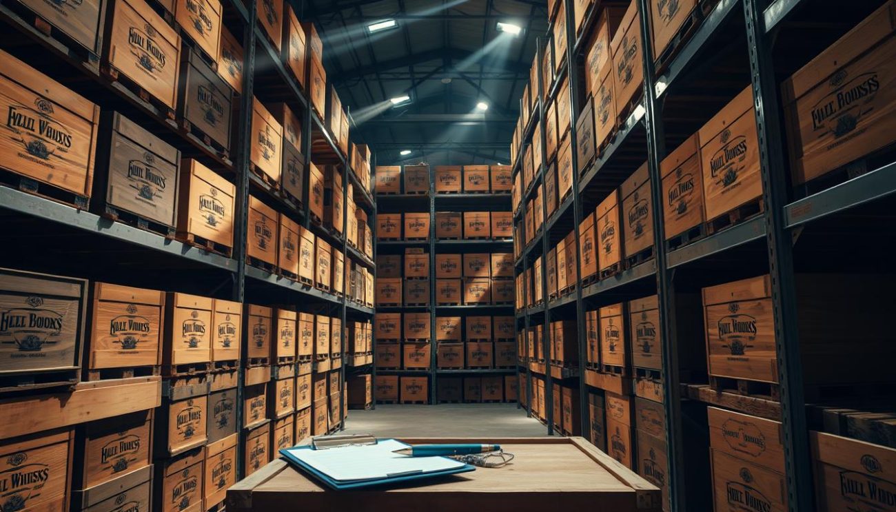 A warehouse interior filled with stacks of wooden crates, each emblazoned with the logos of renowned whisky brands. Beams of warm, directional lighting cast shadows, illuminating the intricate details of the branded labels. Metallic shelving units line the perimeter, creating a sense of industrial elegance. In the foreground, a clipboard and pen sit atop a crate, hinting at the meticulous inventory process. The atmosphere exudes the aroma of oak and the promise of premium spirits, conveying the expertise and specialization in alcoholic beverages.
