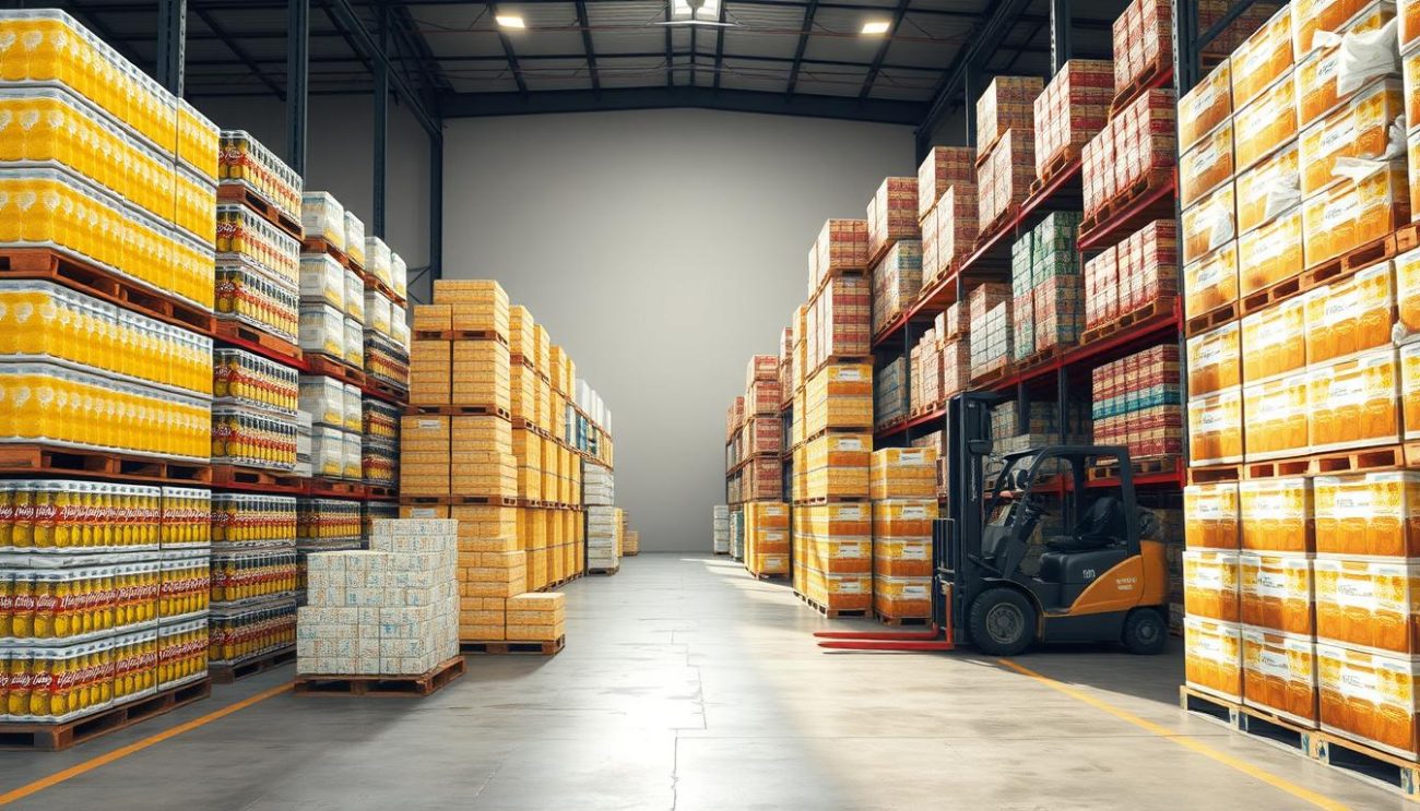 A warehouse interior with rows of stacked cases of various beverage products, including lemonade, soda, and juice. Bright, even lighting illuminates the scene, casting long shadows on the concrete floor. Forklifts are positioned near the pallets, ready to transport the bulk orders. The shelves are well-organized, with each product clearly labeled, conveying a sense of efficiency and attention to detail. The overall atmosphere is one of a well-oiled distribution center, highlighting the capabilities of the business to cater to the needs of its B2B partners.