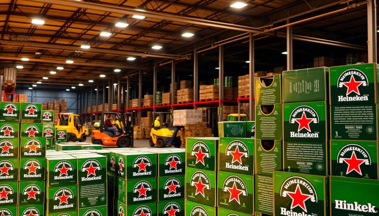 A warehouse setting with stacks of Heineken beer cases in the foreground, illuminated by warm, diffused lighting. The cases are neatly arranged, showcasing the iconic green bottle and red star logo. In the middle ground, forklifts and workers can be seen efficiently loading and unloading the shipments. The background features high ceilings, shelving, and the industrial infrastructure of a wholesale distribution center. The overall atmosphere conveys a sense of organized efficiency and attention to detail in the beer packaging and logistics process.