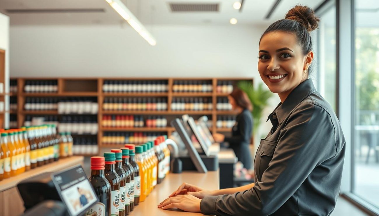 A warm, inviting customer service counter in a modern, well-lit beverage supplier's office. The foreground features a helpful employee in a crisp uniform, smiling and assisting a customer with a professional yet friendly demeanor. The middle ground showcases an array of neatly displayed beverage products, conveying a sense of quality and variety. The background reveals a sleek, minimalist office design with large windows, allowing natural light to flood the space and create a calming, professional atmosphere.