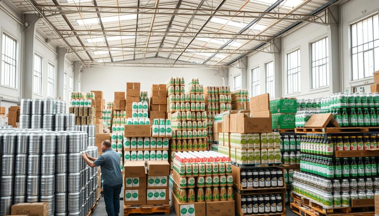 A well-lit, airy warehouse filled with stacks of sustainable beverage packaging, including sleek aluminum cans, compostable paper cartons, and refillable glass bottles. In the foreground, workers carefully arrange the bulk orders, ensuring they are securely packed and ready for shipping. The middle ground showcases the diverse range of eco-friendly packaging options, each designed with a focus on reducing waste and minimizing environmental impact. The background features large windows, allowing natural light to flood the space and highlighting the warehouse's commitment to sustainability. A sense of efficiency and responsibility permeates the scene, reflecting the company's dedication to providing environmentally conscious beverage solutions.