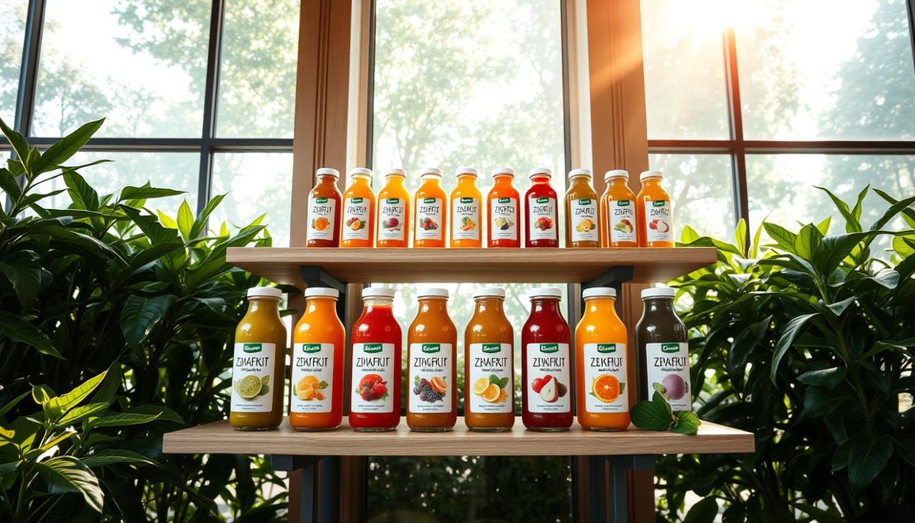 A well-lit, artfully arranged display of natural fruit juices and superfood drinks, presented on sleek wooden shelves against a backdrop of lush greenery. The bottles feature vibrant, minimalist labels showcasing the premium organic ingredients. Rays of warm, natural light filter through large windows, casting a soft glow on the carefully curated selection. The overall scene emanates a sense of health, vitality and premium quality, perfectly encapsulating the essence of the "Zeki Frucht GmbH" product range.