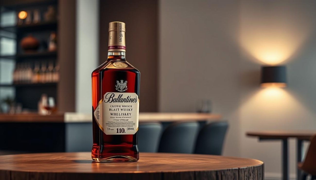A well-lit bottle of Ballantine's whisky prominently displayed on a sturdy oak table, with a tasteful, minimalist background showcasing a modern, upscale commercial setting. The bottle's elegant label and distinctive shape are highlighted, conveying a sense of high-quality, premium craftsmanship. Subtle reflections and highlights add depth and dimension, while the overall composition emphasizes the bottle's visual appeal and the benefits of sourcing Ballantine's whisky wholesale for discerning business customers.