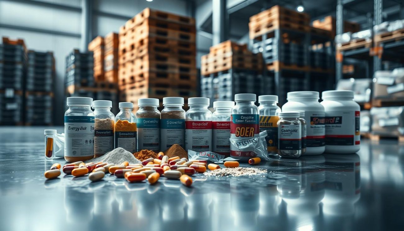A well-lit, close-up photograph of various energy drink ingredients meticulously arranged on a sleek, reflective metal surface. In the foreground, a collection of powder-filled capsules, vials, and sachets stand out against the cool, industrial backdrop. The middle ground features larger containers and canisters, their labels clearly visible, hinting at the complex formulation. In the background, the shadowy silhouettes of neatly stacked pallets and shelving units suggest a professional, warehouse-like setting, evoking a sense of scale and efficiency. The lighting is crisp and directional, creating depth and highlighting the textures and colors of the diverse ingredients. An overall sense of precision, quality, and attention to detail pervades the scene.