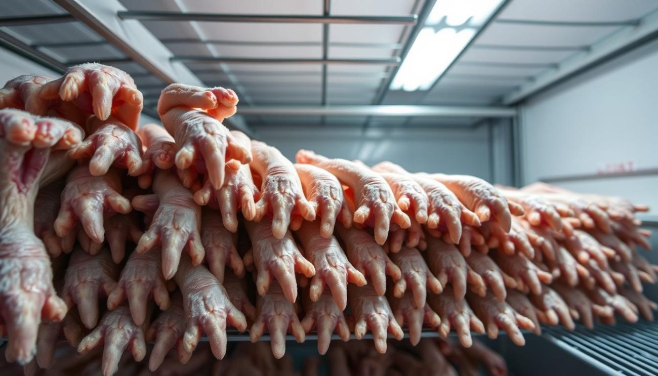 A well-lit, close-up view of neatly stacked, frozen chicken feet in a commercial freezer storage unit. The feet are arranged in uniform rows, glistening with frost, their sharp talons clearly visible. The background is a clean, sterile environment with smooth, metal shelving and a sense of industrial order. Dramatic lighting from above casts long shadows, emphasizing the three-dimensional forms and textures of the frozen poultry. The overall mood is one of efficient, hygienic storage and preservation, reflecting the critical considerations for this stage of the supply chain.