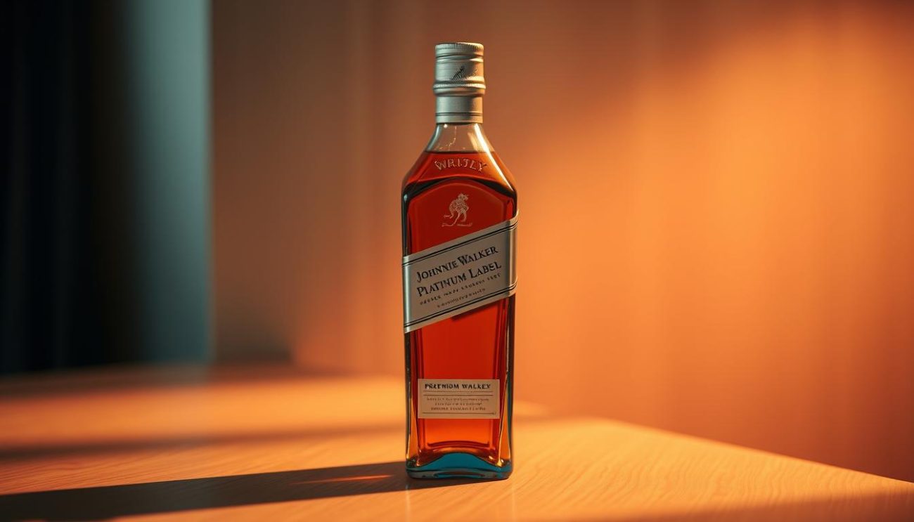 A well-lit, closeup shot of a Johnnie Walker Platinum Label bottle placed on a sleek, wooden surface. The bottle has a metallic label and cap, capturing the premium essence of the whisky. The background is softly blurred, emphasizing the bottle's central focus. Warm, indirect lighting creates subtle shadows and highlights the bottle's contours, conveying a sense of sophistication and careful storage. The overall scene suggests a serene, high-quality environment suitable for the proper storage and display of this exclusive Scotch whisky.