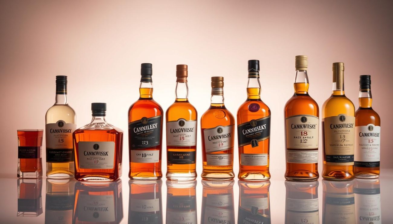 A well-lit display of premium whisky bottles, meticulously arranged on a sleek, reflective surface. The bottles are positioned to showcase their elegant shapes and high-quality labels, designed to appeal to the discerning US market. The lighting accentuates the amber hues of the whisky, creating a warm and inviting atmosphere. In the background, a subtle gradient of soft, muted colors sets the scene, hinting at the brand's heritage and sophistication. The overall composition exudes a sense of exclusivity and attention to detail, conveying the message of "export-ready products for the US market."