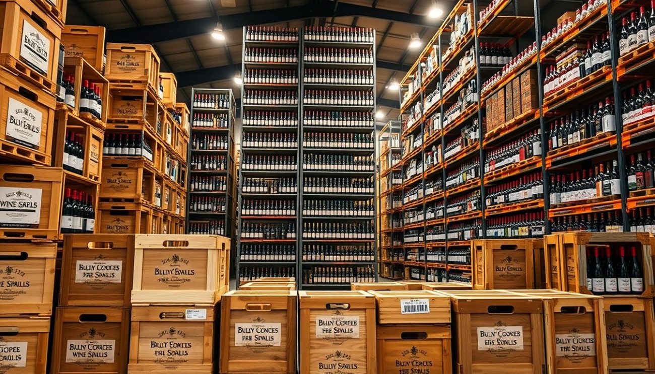 A well-lit, expansive warehouse interior showcasing an array of bulk wine and spirits bottles and crates. In the foreground, neatly stacked wooden crates of various sizes, each bearing the labels of renowned European wine and liquor brands. The middle ground features towering metal shelving units laden with glass bottles of various shapes and sizes, creating a visually striking display. The background is illuminated by soft, diffused lighting, casting a warm, inviting glow over the scene. The overall composition conveys a sense of organization, quality, and the breadth of the exporter's product range.