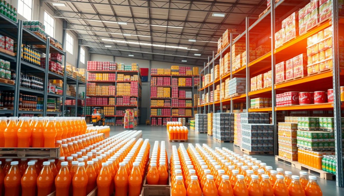 A well-lit, expansive warehouse interior, showcasing an impressive array of beverage products. In the foreground, rows of stacked crates and pallets brimming with vibrant, fruit-flavored soft drink bottles and cans. The middle ground features carefully organized bulk shipments, ready to be loaded onto delivery trucks. Sleek, metal shelving units line the walls, holding an extensive selection of different flavors and sizes. Warm, natural lighting filters in, casting a welcoming glow over the scene. The atmosphere exudes a sense of efficiency, quality, and the ready availability of a comprehensive wholesale beverage product range.