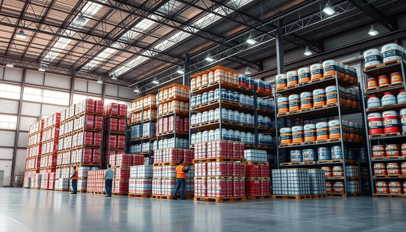 A well-lit, expansive warehouse interior, showcasing neatly stacked pallets of energy products. In the foreground, a team of workers expertly arrange and secure the bulks, preparing them for efficient B2B distribution. The middle ground features towering shelves filled with a diverse range of energy products, conveying the breadth of the wholesale offering. The background depicts a modern, state-of-the-art facility, with sleek industrial architecture and a sense of technological precision. The overall atmosphere conveys the advantages of a reliable, streamlined B2B partnership - efficiency, quality, and a commitment to delivering the best energy products to customers.
