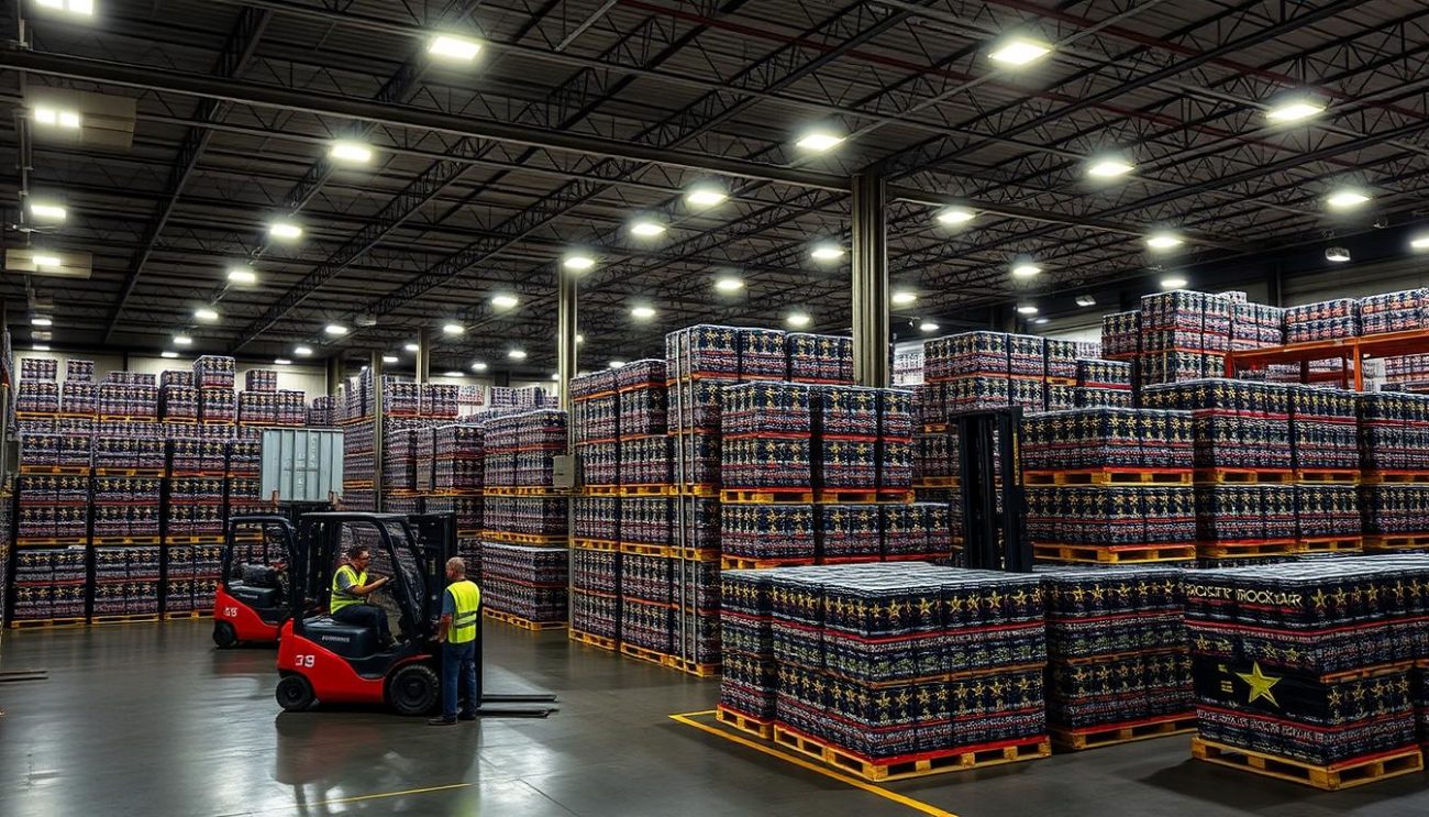 A well-lit, expansive warehouse interior with rows of neatly stacked Rockstar Energy drink pallets, ready for wholesale distribution. Bright LED lighting illuminates the scene, casting long shadows and creating a sense of depth and scale. Forklifts move strategically, loading the pallets onto waiting trucks, as workers in high-visibility vests oversee the efficient operation. The scene conveys a sense of organizational precision, showcasing the logistical prowess required to fulfill high-volume wholesale orders with speed and reliability.