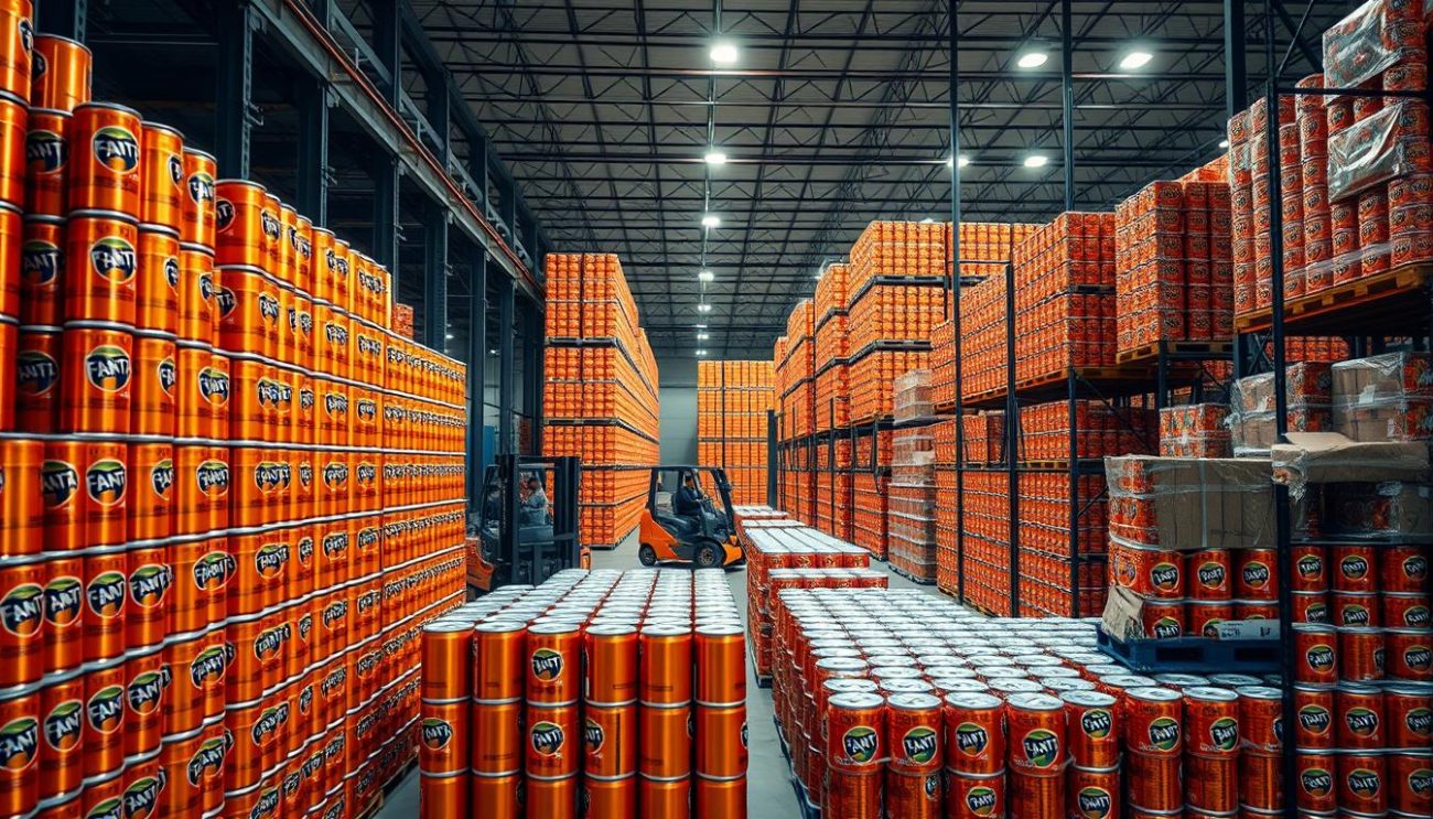 A well-lit, expansive wholesale Fanta storage facility. In the foreground, neatly stacked pallets of vibrant orange Fanta cans, their metallic sheen catching the soft lighting. In the middle ground, forklifts maneuver between rows of towering shelves, efficiently organizing the inventory. The background reveals a cavernous warehouse space, with high ceilings and a subtle industrial ambiance. The overall atmosphere conveys a sense of order, productivity, and the reliable supply of Fanta for discerning resellers.