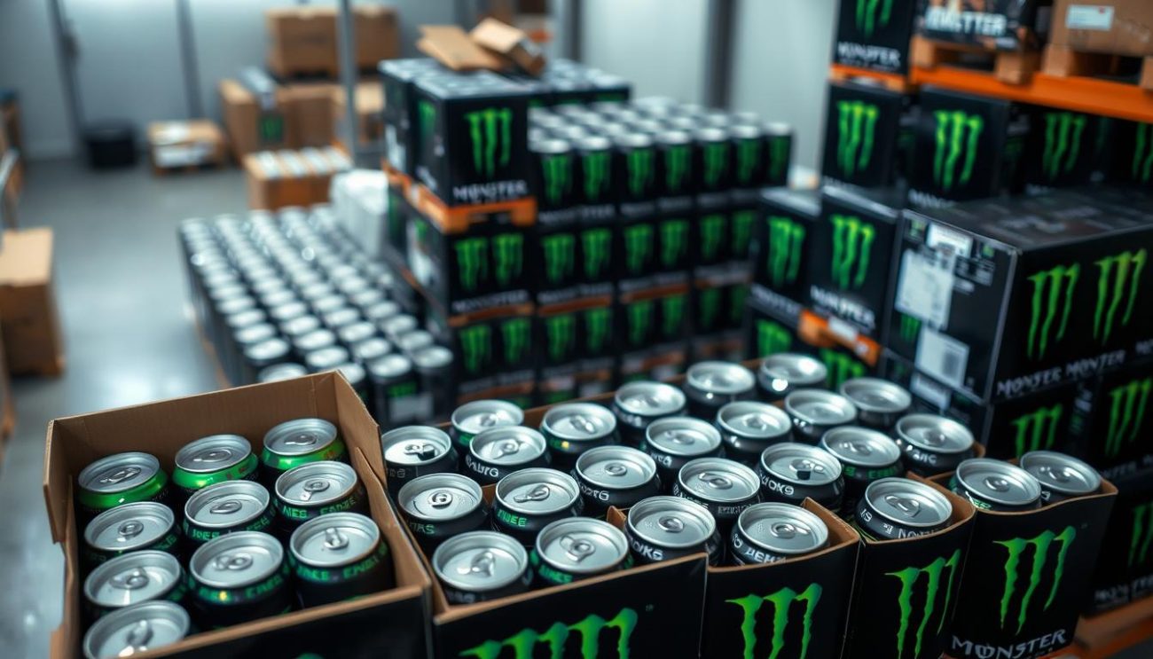 A well-lit, high-angle photo showcasing an arrangement of Monster Energy Drink cases and cans stacked neatly in a warehouse setting. The foreground features several open cases revealing the iconic green and black cans, highlighting the product's sleek, modern design. The middle ground displays tidy rows of sealed cases, conveying a sense of organization and efficiency. The background subtly suggests the warehouse environment with hints of shelving, lighting, and other logistical elements. The overall mood is one of professionalism, quality, and a ready-to-ship energy beverage product.