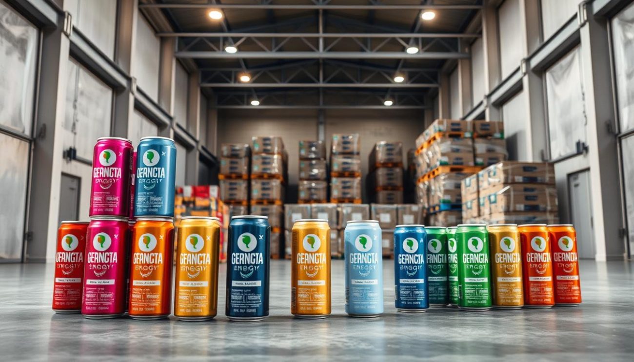 A well-lit, high-angle photograph showcasing a variety of sugar-free, organic energy drinks arranged in a clean, modern warehouse setting. The foreground features several stacks of sleek, minimalist cans in vibrant colors, expertly positioned to highlight their functional and nutritional benefits. The middle ground showcases rows of pallets loaded with additional inventory, conveying a sense of ample supply and readiness to ship. The background depicts the warehouse's industrial architecture, with exposed beams and neutral-toned walls, creating a professional, high-quality ambiance. The lighting is soft and even, emphasizing the drinks' natural, wholesome qualities. The overall composition and attention to detail convey the products' premium positioning as a trusted, European wholesale partner.