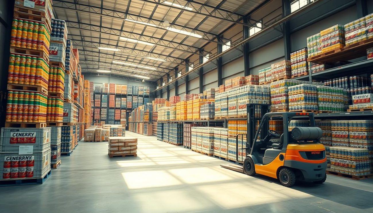 A well-lit, high-angle shot of a large warehouse filled with rows of neatly stacked pallets and crates containing various brands of energy drinks in bulk. The pallets are organized by product type, with colorful cans and bottles prominently displayed. The lighting is bright and even, with natural sunlight streaming in through large windows, casting a warm glow over the scene. The warehouse has a clean, modern aesthetic, with a seamless concrete floor and sleek metal shelving. In the foreground, a forklift is positioned, ready to transport the export-ready products. The overall atmosphere conveys a sense of efficiency, quality, and a commitment to providing a reliable supply of high-energy beverages.