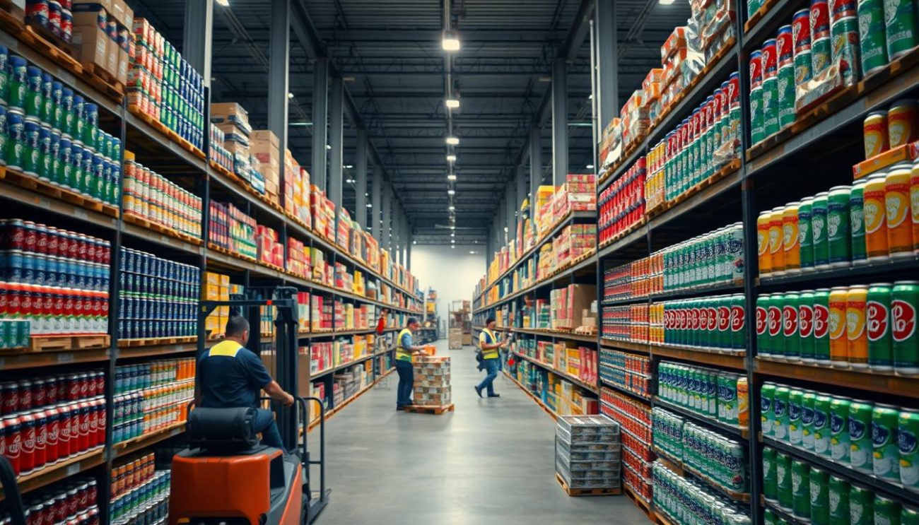 A well-lit, high-angle shot of a modern warehouse interior, showcasing rows of shelves stocked with a variety of colorful energy drink cans. In the foreground, a forklift operator carefully moves pallets, while in the middle ground, warehouse workers monitor inventory and prepare shipments. The background features tall ceilings, industrial lighting, and the faint hum of machinery, conveying a sense of efficiency and professionalism. The overall atmosphere is one of a thriving, well-oiled distribution center, ready to supply the UK's demand for high-quality energy drinks.