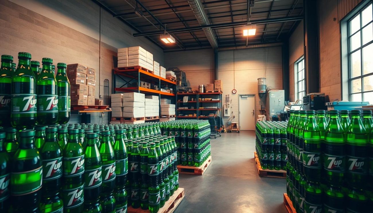 A well-lit, high-angle shot of a spacious storage room, showcasing organized pallets and shelves containing 7Up soda bottles. The bottles are stacked neatly, their vibrant green labels gleaming under the warm, diffused lighting. In the background, a clean, organized workspace with various storage equipment and supplies, reflecting the care and attention given to maintaining the product's quality. The overall atmosphere conveys a sense of efficiency, attention to detail, and a commitment to proper storage and handling practices.