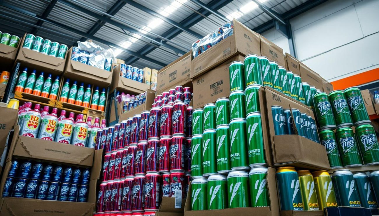 A well-lit, high-angle shot of a warehouse storage area displaying an assortment of sugar-free energy drink cans and bottles neatly stacked and organized in large cardboard bulk boxes, ready for distribution. The lighting creates a clean, bright atmosphere, highlighting the vibrant colors and sleek packaging designs of the various energy drink products. The scene conveys a sense of efficiency, quality, and a commitment to providing healthy, on-the-go beverage options for supermarket shelves.