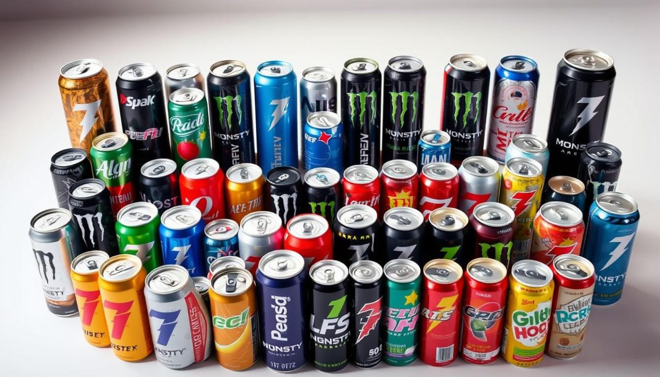 A well-lit, high-angle shot of an assortment of energy drink products arranged in an appealing, symmetrical display. Various popular energy drink cans and bottles are positioned in the foreground, showcasing their vibrant colors, sleek designs, and recognizable branding. The middle ground features a diverse selection of energy drink flavors and varieties, with a focus on the most trusted and best-selling brands. The background is slightly blurred, but suggests a modern, minimalist setting, perhaps a clean, white studio or retail space. The overall mood is one of energy, dynamism, and a sense of quality and reliability, reflecting the section title "Product Range of Energy Drinks".