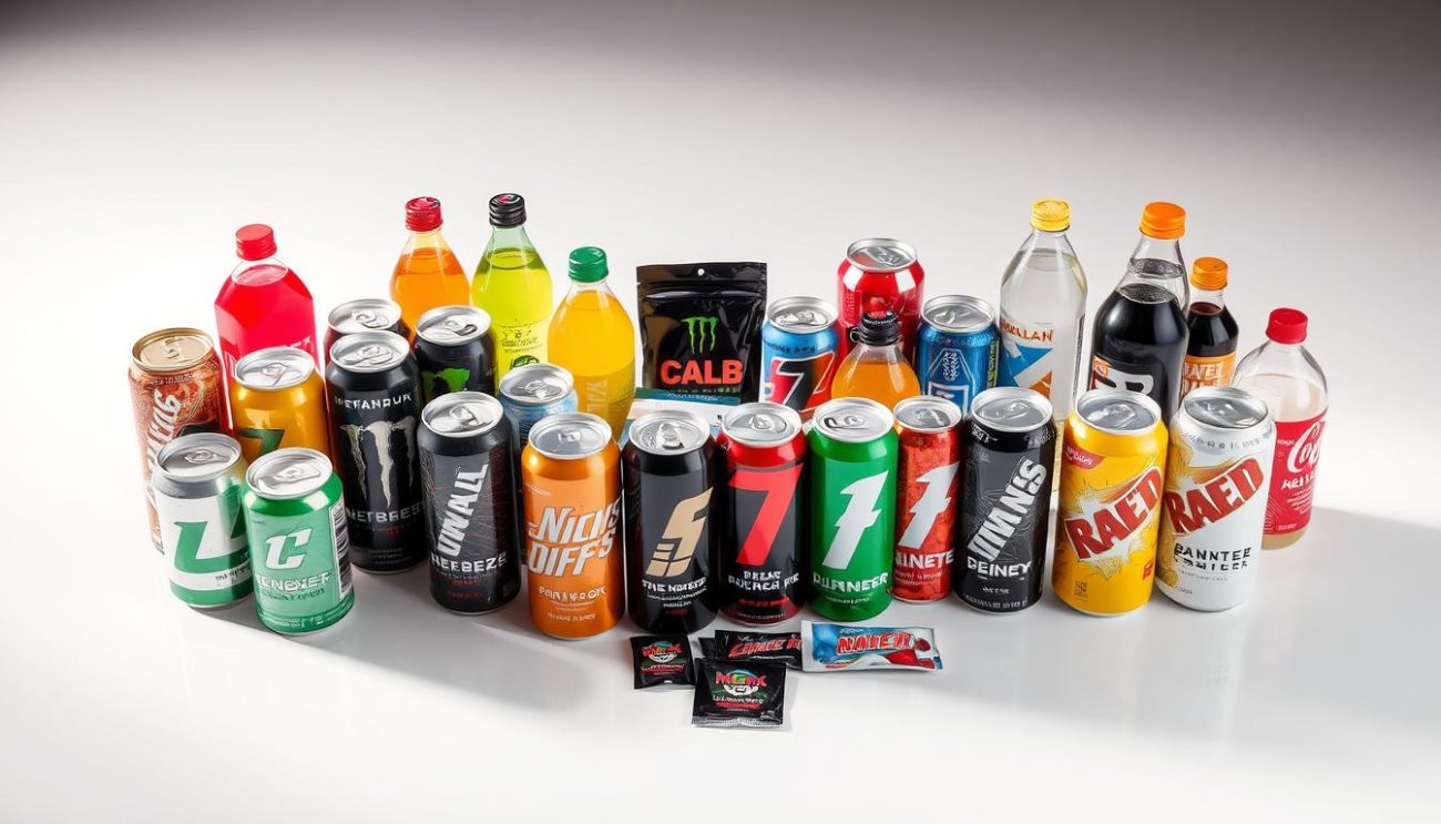 A well-lit, high-angle shot of an assortment of energy drink products on a clean, reflective surface. In the foreground, a variety of branded cans and bottles in different flavors and sizes are neatly arranged, showcasing their vibrant colors and distinct packaging designs. The middle ground features some smaller promotional items like energy drink powder packets and branded merchandise. The background subtly fades into a soft, neutral tone, allowing the products to take center stage. The overall composition emphasizes the breadth and quality of the energy drink wholesale offerings, conveying a sense of professionalism and reliability.