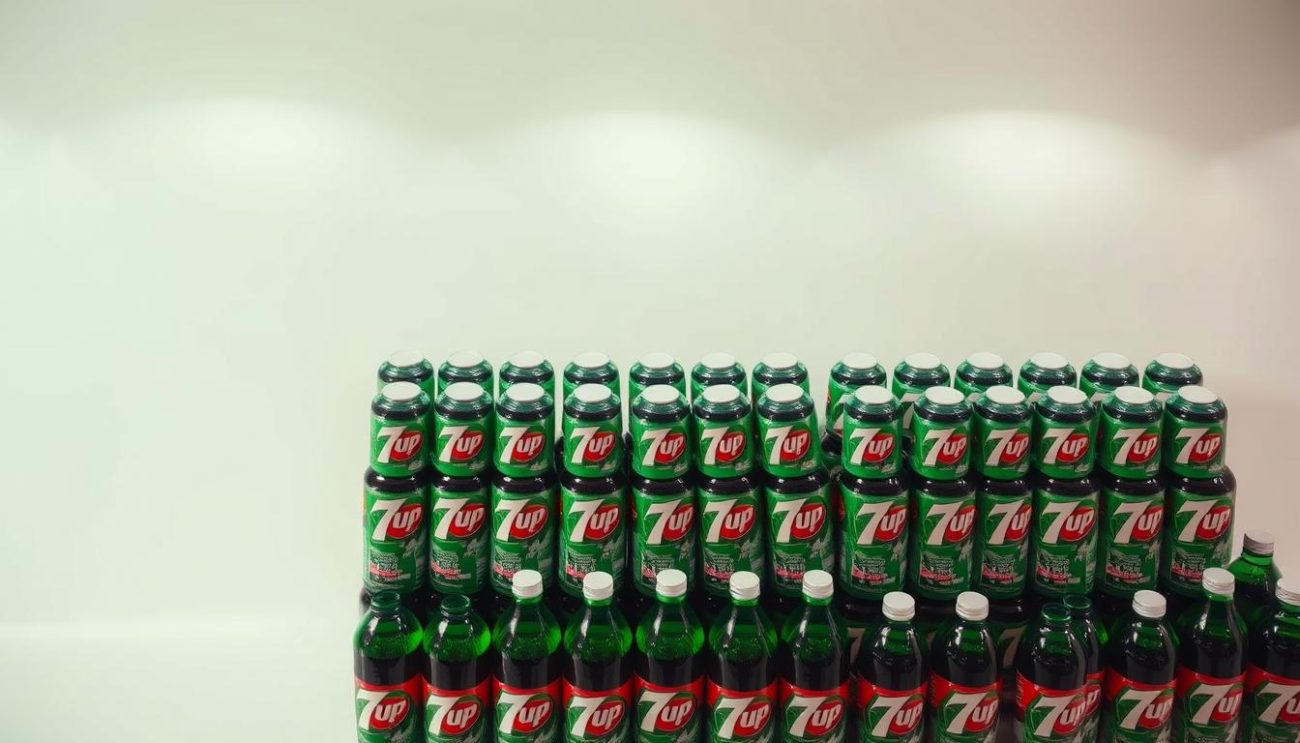 A well-lit, high-angle shot of stacks of 7Up bottles or cans against a clean, minimalist background. The bottles/cans are arranged in an organized, symmetrical display, showcasing the product's wholesale pricing. The lighting is bright and evenly distributed, creating a professional, commercial atmosphere. The camera angle is slightly elevated, giving a birds-eye view of the setup, emphasizing the scale and volume of the wholesale inventory. The overall mood is one of efficiency, reliability, and value for money, appropriate for the "Compre 7Up por atacado" article section.