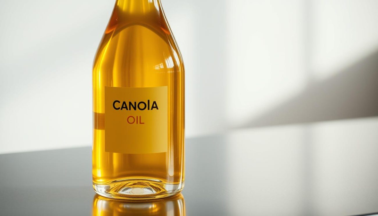 A well-lit, high-quality close-up of a transparent glass bottle filled with golden, smooth canola oil, standing on a shiny stainless steel surface. The bottle has a sleek, modern design with a minimalist label, conveying a sense of premium quality and attention to detail. The lighting casts warm, soft shadows, highlighting the viscosity and purity of the oil. The background is blurred, placing the focus entirely on the bottle and its contents, exuding a sense of professionalism and exceptional customer service.