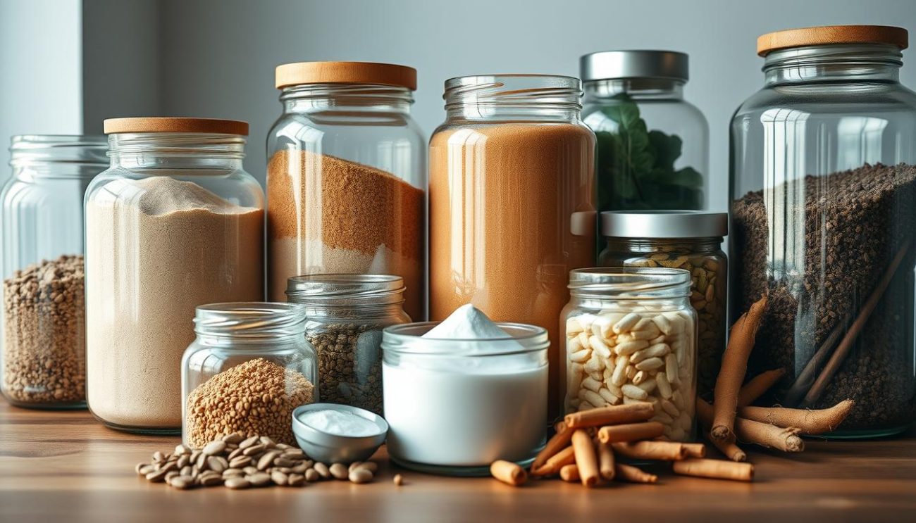A well-lit, high-quality close-up photograph of various adaptogen powders and supplements in large, transparent glass jars arranged on a wooden tabletop. The jars are filled with maca, ashwagandha, ginseng, and other adaptogenic herbs. The lighting is soft and natural, highlighting the textures and colors of the ingredients. The composition emphasizes the abundance and variety of the adaptogen products, conveying a sense of quality and professionalism. The background is simple and uncluttered, allowing the focus to remain on the adaptogen jars. The overall mood is one of quality, health, and natural wellness.