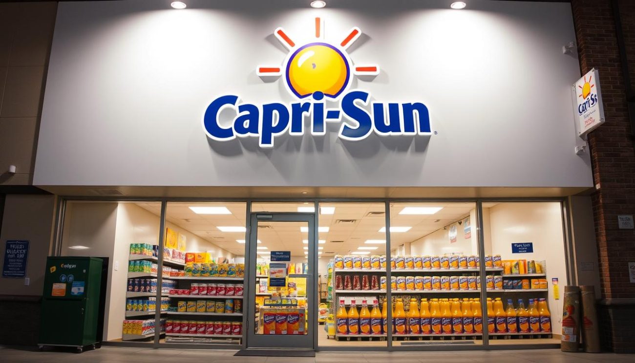 A well-lit, high-quality image of a Capri-Sun juice box wholesaler's storefront, showcasing a clean, professional, and trustworthy establishment. The facade features a prominent Capri-Sun logo and branding, with an assortment of Capri-Sun products displayed in the large front windows. The scene conveys a sense of reliability, quality, and attention to detail, reflecting the trustworthiness of the supplier. The lighting is warm and inviting, with a blend of natural sunlight and carefully placed indoor lighting. The camera angle is slightly elevated, giving an overview of the storefront and creating an impression of a reputable, well-established business.
