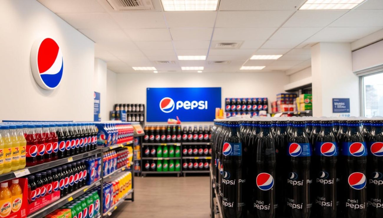 A well-lit, high-quality photograph of a Pepsi wholesale supplier's showroom. The foreground features various Pepsi products neatly displayed on shelves, with a focus on the different Pepsi flavor varieties and pack sizes. The middle ground showcases the supplier's branding and signage, conveying a professional, organized, and reliable business environment. In the background, the room is spacious and clean, with neutral-toned walls and floors, creating a modern, inviting atmosphere. The lighting is bright and evenly distributed, highlighting the vibrant Pepsi branding and creating a sense of quality and attention to detail. The overall image conveys the wide range of Pepsi products offered by the supplier, Zeki Frucht GmbH, and their dedication to providing a reliable and professional B2B experience.