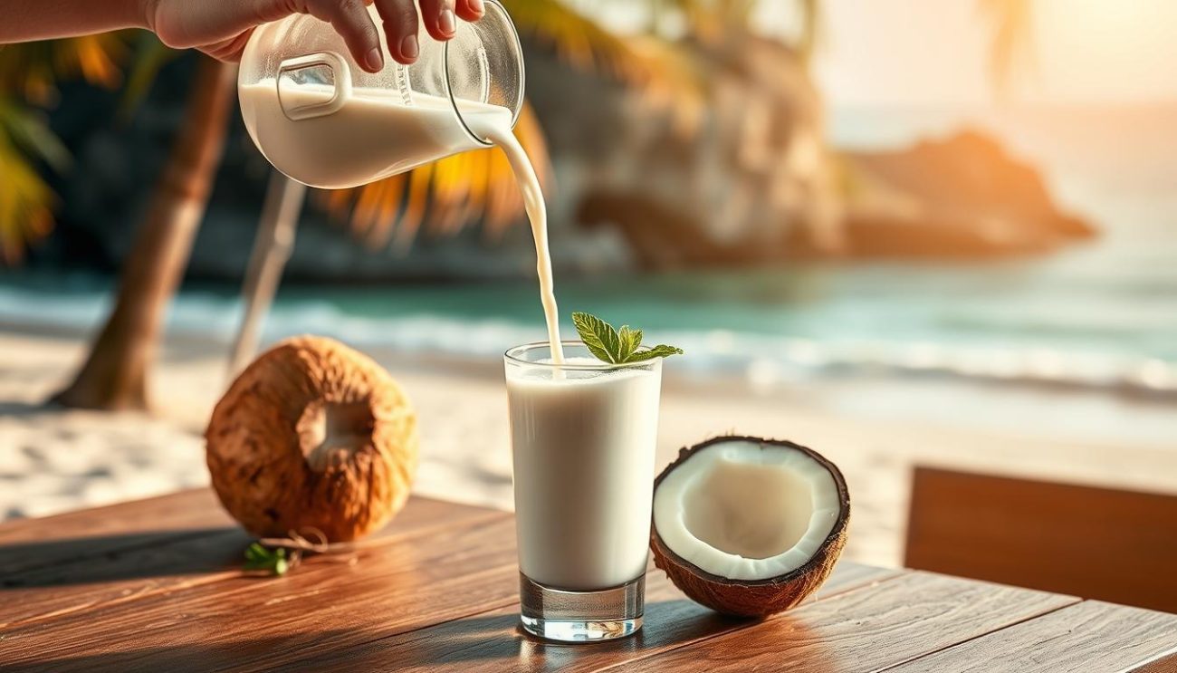 A well-lit, high-quality photograph of a coconut milk beverage being poured into a glass with a tropical beach scene in the background. The glass is set on a wooden table, with a fresh coconut and a sprig of mint as garnishes. The lighting is soft and warm, creating a calming, inviting atmosphere. The camera angle is slightly elevated, capturing the scene from a slightly bird's-eye view. The overall composition is balanced and visually appealing, showcasing the quality and care taken in producing this coconut milk beverage.