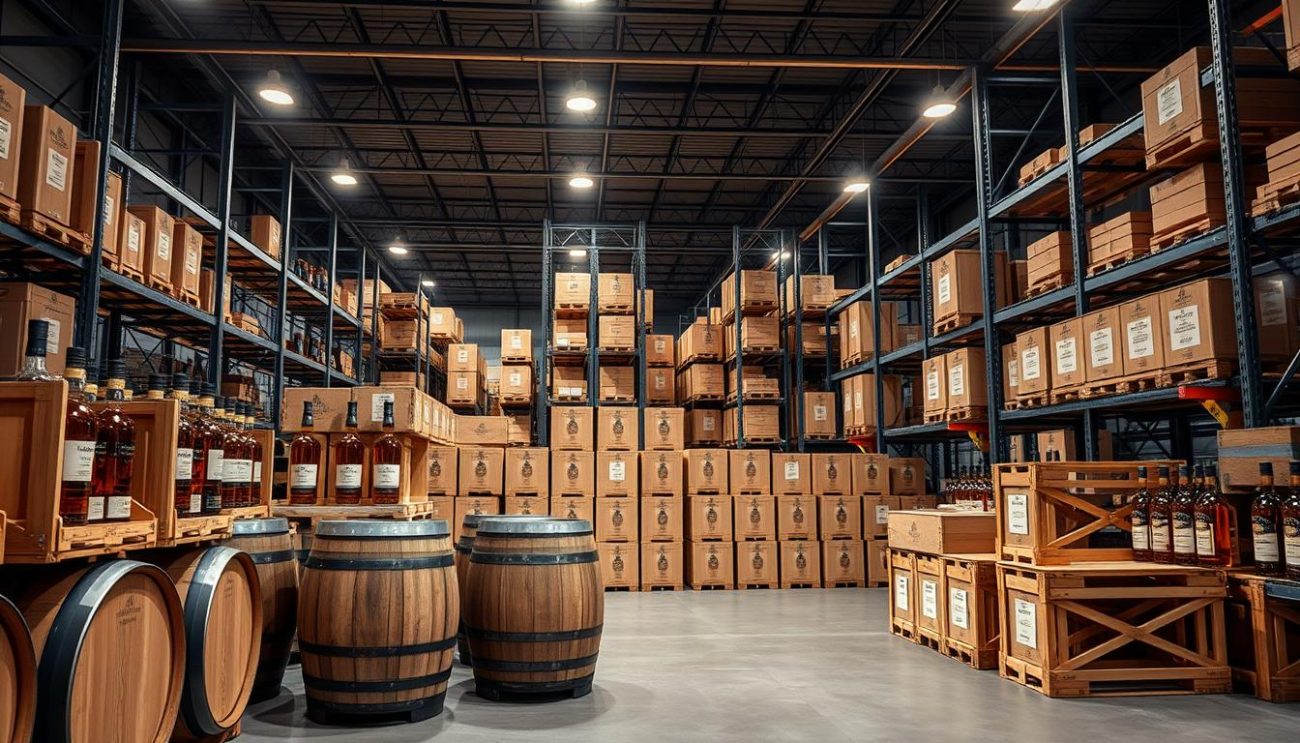 A well-lit, high-quality photograph of a modern, organized whisky warehouse. In the foreground, several wooden barrels and crates of premium whisky bottles are neatly stacked and arranged. The middle ground features an array of labeled whisky cases in various sizes, ready for distribution. In the background, a network of metal shelving units and overhead lighting create a professional, export-ready atmosphere. The lighting is warm and inviting, highlighting the rich amber hues of the whisky. The overall composition conveys a sense of quality, efficiency, and global export-readiness for the discerning B2B client.
