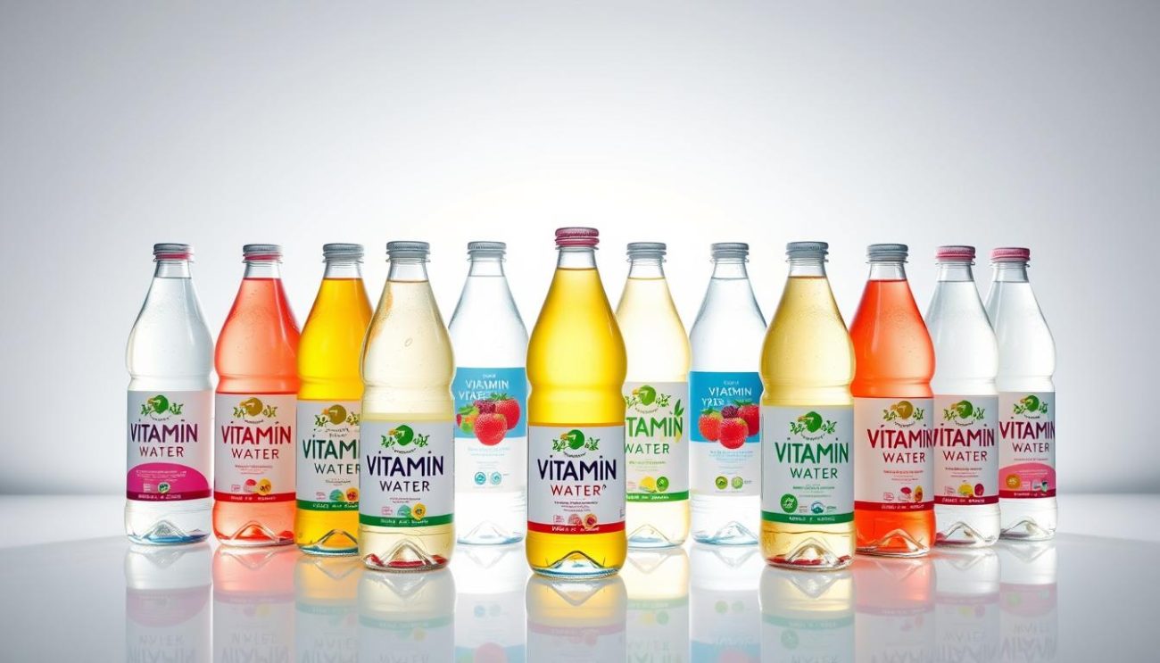 A well-lit, high-quality photograph of an assortment of bottled vitamin water products displayed on a clean, sleek white surface. The bottles are arranged in an attractive, symmetrical pattern, showcasing their vibrant colors and clear labeling. The lighting is soft and natural, accentuating the premium, export-ready quality of the products. The background is minimal, allowing the vitamin water bottles to be the focal point. The overall composition conveys a sense of purity, health, and professionalism, suitable for illustrating the "Export-Ready Products" section of an article about a reliable bulk vitamin water supplier.
