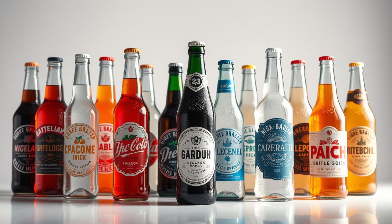 A well-lit, high-quality, photorealistic image of an assortment of custom glass soda bottles, showcasing various branding designs and styles. The bottles are arranged in a visually appealing display, with a focus on the intricate label designs, unique shapes, and vibrant colors. The bottles are set against a clean, minimalist background, highlighting their craftsmanship and attention to detail. The lighting is soft and diffuse, creating a warm, inviting atmosphere that emphasizes the premium quality of the products. The scene conveys a sense of professionalism, attention to detail, and a commitment to providing a diverse and customizable range of glass-bottled soft drink options.