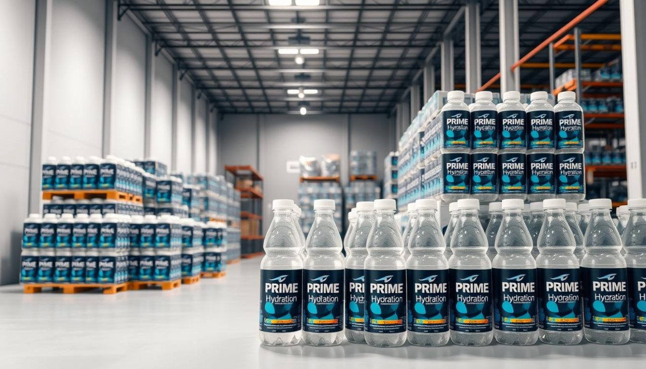 A well-lit, high-quality product shot showcasing the Prime Hydration beverage in a sleek, modern setting. The foreground features an array of neatly stacked and labeled Prime Hydration bottles, their vibrant colors and clean design standing out against a plain, white background. The middle ground shows several pallet stacks, each loaded with more Prime Hydration cases, suggesting a large-scale wholesale supply. The background depicts a minimalist warehouse interior, with tall shelving units and a sense of organized efficiency. The lighting is soft and even, highlighting the premium quality and attention to detail of the Prime Hydration brand.