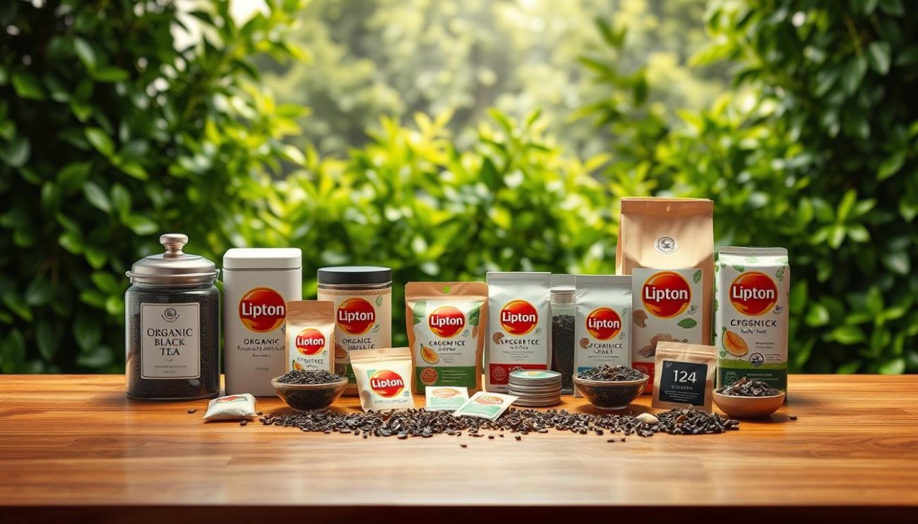A well-lit, high-quality studio photograph showcasing an assortment of organic black tea options. The foreground features an elegant wooden table with various tea canisters, tea bags, and tea leaves artfully arranged. The middle ground displays a backdrop of lush, verdant foliage, creating a natural and calming ambiance. Soft, directional lighting illuminates the scene, accentuating the rich, earthy tones of the tea products. The overall composition is balanced, with clean lines and a focus on the tactile, premium qualities of the organic black tea. The image conveys a sense of sophistication, quality, and the care taken in curating the tea products, reflecting the key features of a Lipton Ice Tea cans distributor's offerings.