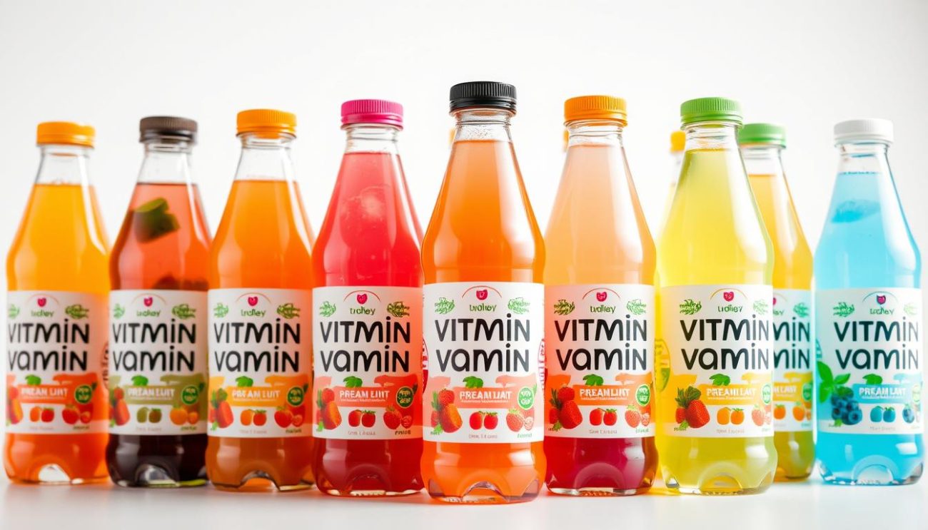 A well-lit, high-resolution close-up shot of an assortment of different flavors of vitamin water bottles, neatly arranged on a clean, white background. The bottles have vibrant, appealing labels that showcase the various fruit and vitamin ingredients. The lighting is soft and even, highlighting the transparent glass and the vivid colors of the liquids inside. The overall composition is balanced and symmetrical, creating a visually appealing and professional-looking product display that showcases the quality and variety of the vitamin water products.