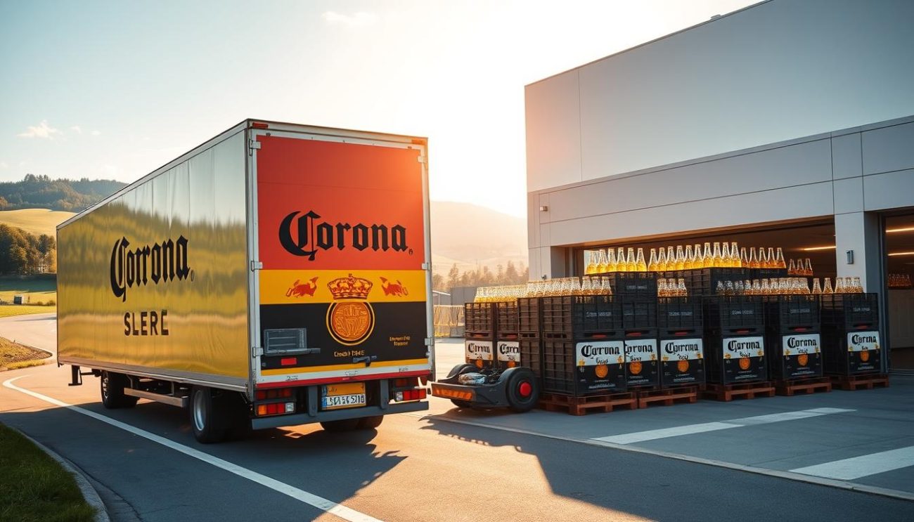 A well-lit, high-resolution image of a modern Corona beer distribution center in Austria. The foreground features a large Corona beer truck, its vibrant red and yellow branding prominently displayed, loading and unloading crates of bottled Corona onto a busy loading dock. In the middle ground, the distribution center's exterior is visible, a sleek, contemporary industrial building with large windows and clean lines. The background showcases the picturesque Austrian countryside, rolling hills, and a clear blue sky. The lighting is warm and natural, casting a soft glow over the scene, conveying a sense of quality, efficiency, and the trusted partnership between Corona and its Austrian distributor.