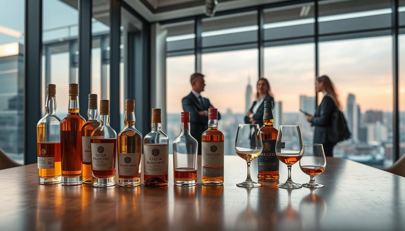 A well-lit, high-resolution image of a stylish, modern office setting showcasing the competitive advantages of a wholesale beverages company. In the foreground, an array of premium whisky bottles and glasses are artfully arranged on a sleek, polished wooden desk, with a soft, warm lighting highlighting their quality and craftsmanship. In the middle ground, a team of professional, well-dressed employees are engaged in a collaborative discussion, representing the company's commitment to customer service and expertise. The background features floor-to-ceiling windows, offering a panoramic view of a bustling city skyline, conveying the company's global reach and industry leadership. The overall mood is one of sophistication, innovation, and reliable quality.