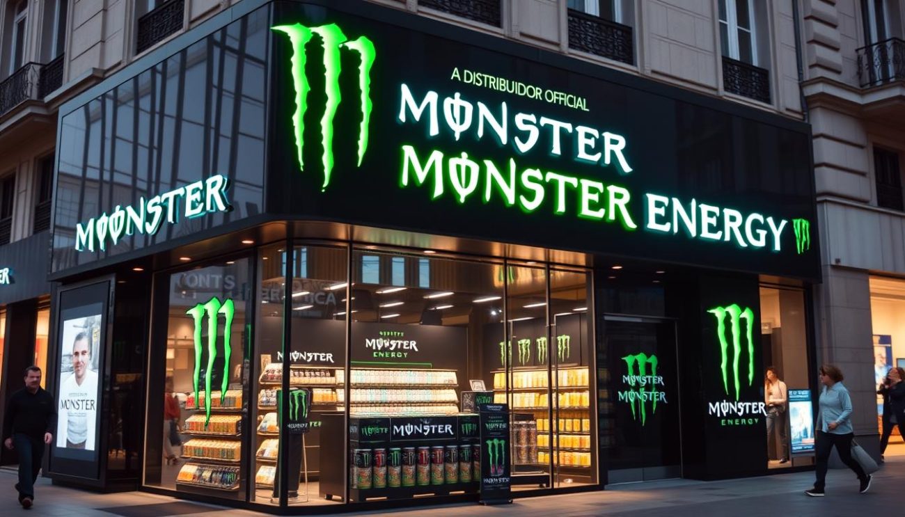 A well-lit, high-resolution image of a vibrant "Distribuidor Oficial Monster Energy" storefront, showcasing the iconic Monster Energy brand logo and branding prominently displayed on a sleek, modern facade. The scene should convey a sense of energy, excitement, and the popularity of the Monster Energy brand in the European market. The image should be captured from an angle that highlights the store's signage and product displays, creating an inviting and visually striking composition. Subtle background elements, such as pedestrians or other retail stores, should be present to provide context and a sense of place. The overall atmosphere should evoke a bustling European city setting, reflecting the widespread appeal and widespread availability of Monster Energy products across the continent.