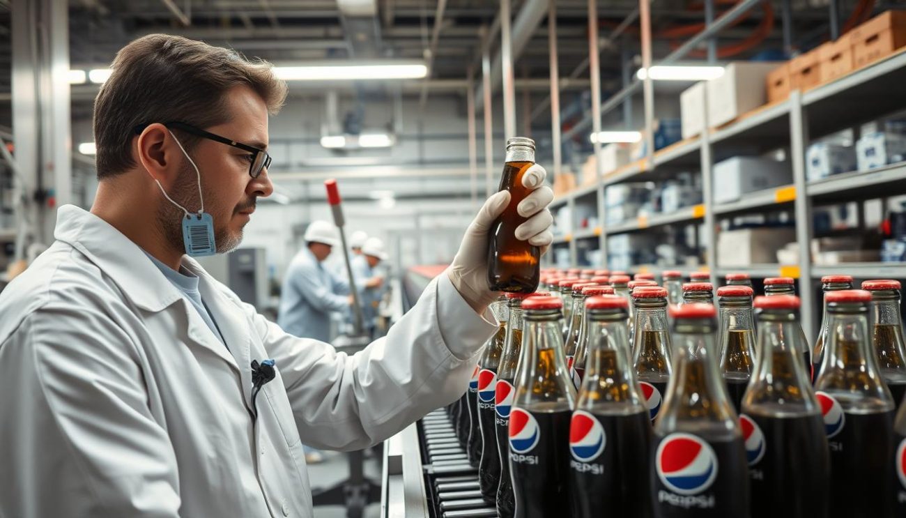A well-lit, high-resolution photograph of a Pepsi bottling plant's quality assurance lab. In the foreground, a worker in a white lab coat carefully inspects a sample bottle, holding it up to the light. The middle ground shows rows of Pepsi bottles moving along a conveyor belt, with technicians monitoring the process. In the background, rows of shelves display various testing equipment and instruments used to analyze the Pepsi's composition, carbonation levels, and overall quality. The atmosphere is one of precision, attention to detail, and a commitment to ensuring the highest standards of Pepsi's renowned taste and consistency.