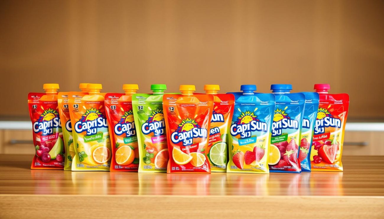 A well-lit, high-resolution photograph of an array of various Capri Sun beverage pouches, neatly arranged on a sleek, modern wooden table or countertop. The pouches are displayed in an appealing, organized manner, showcasing the diverse flavor options available. The lighting is soft and natural, accentuating the vibrant colors of the pouches. The image has a clean, minimalist aesthetic, with a focus on the products themselves, allowing the viewer to clearly see the purchasing options. The background is slightly blurred, creating a sense of depth and drawing the eye to the central display of Capri Sun pouches.