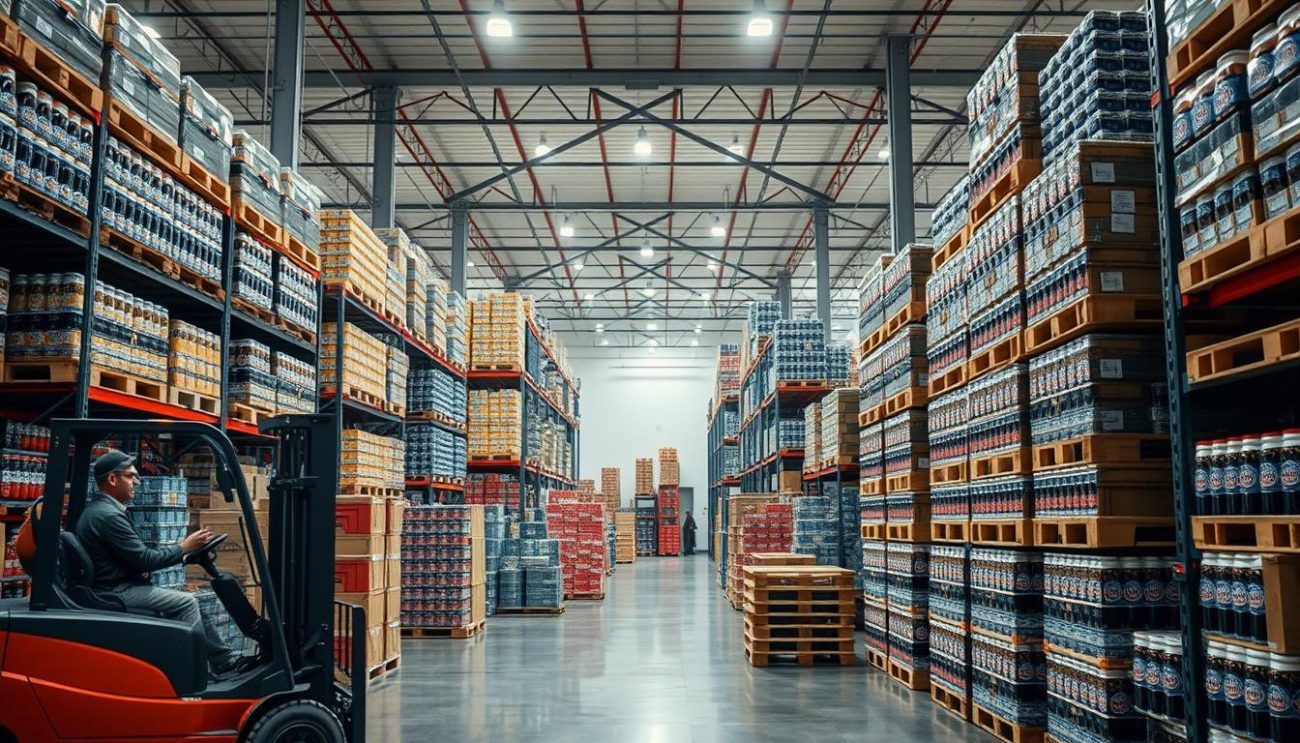 A well-lit industrial warehouse interior, with rows of neatly stacked pallets and crates of soda drinks, ready for distribution. In the foreground, a forklift operator carefully arranges the last few cases, ensuring the loads are secure and balanced. The middle ground showcases organized shelving systems and inventory tracking equipment, conveying an efficient, quality-focused operation. The background features a clean, modern office space, where managers monitor pricing and logistics to deliver competitive wholesale offerings. A sense of professionalism, precision, and customer-centric service permeates the scene.