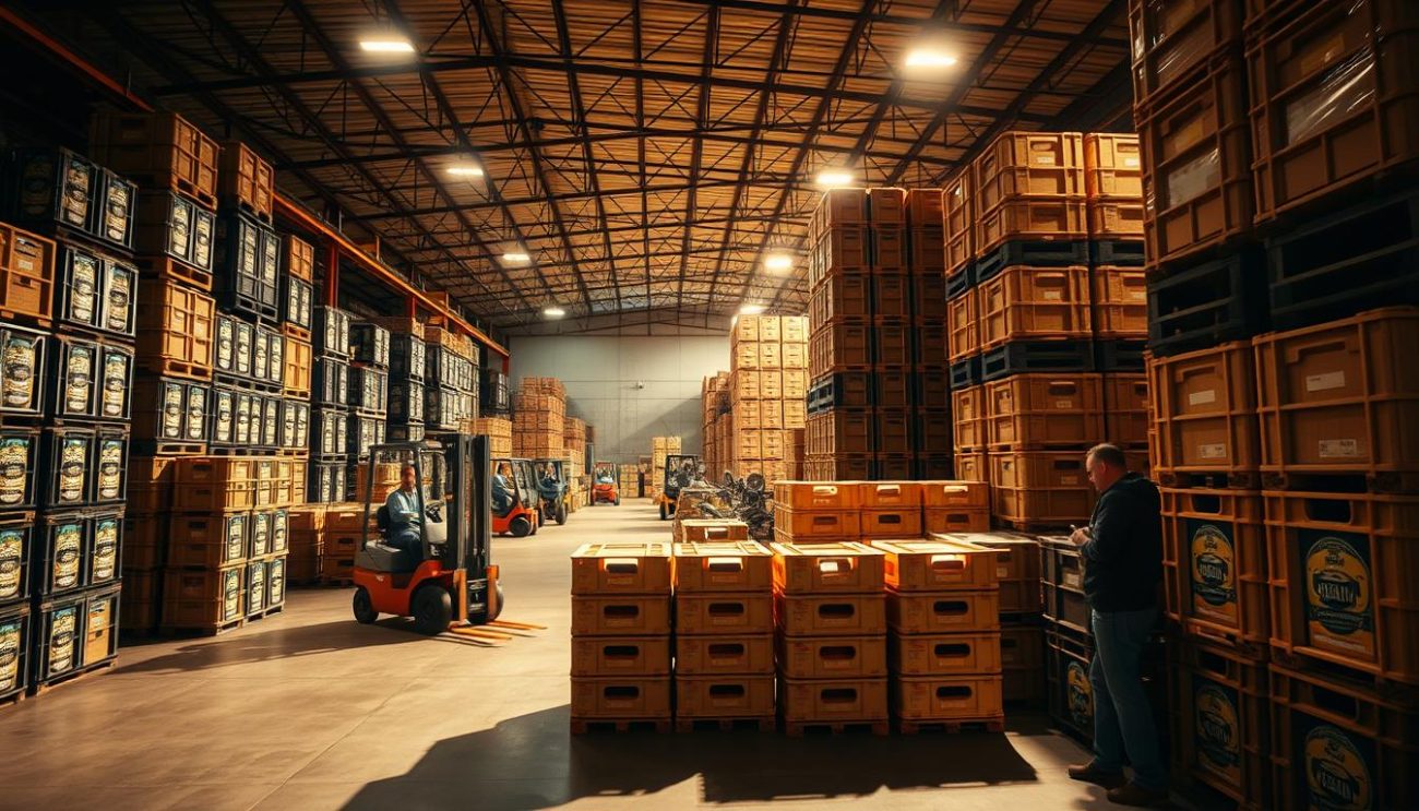 A well-lit interior of a bustling UK beer distribution warehouse, showcasing stacks of various beer crates and kegs. Crisp, high-resolution photography with a wide-angle lens captures the scene from a slightly elevated angle, highlighting the scale and efficiency of the operation. The space is bathed in warm, directional lighting that casts dramatic shadows, creating a sense of depth and industrial atmosphere. Forklift trucks and workers can be seen in the background, emphasizing the active nature of the distribution process. The overall impression is one of a thriving, professional beer supply business serving a discerning clientele.