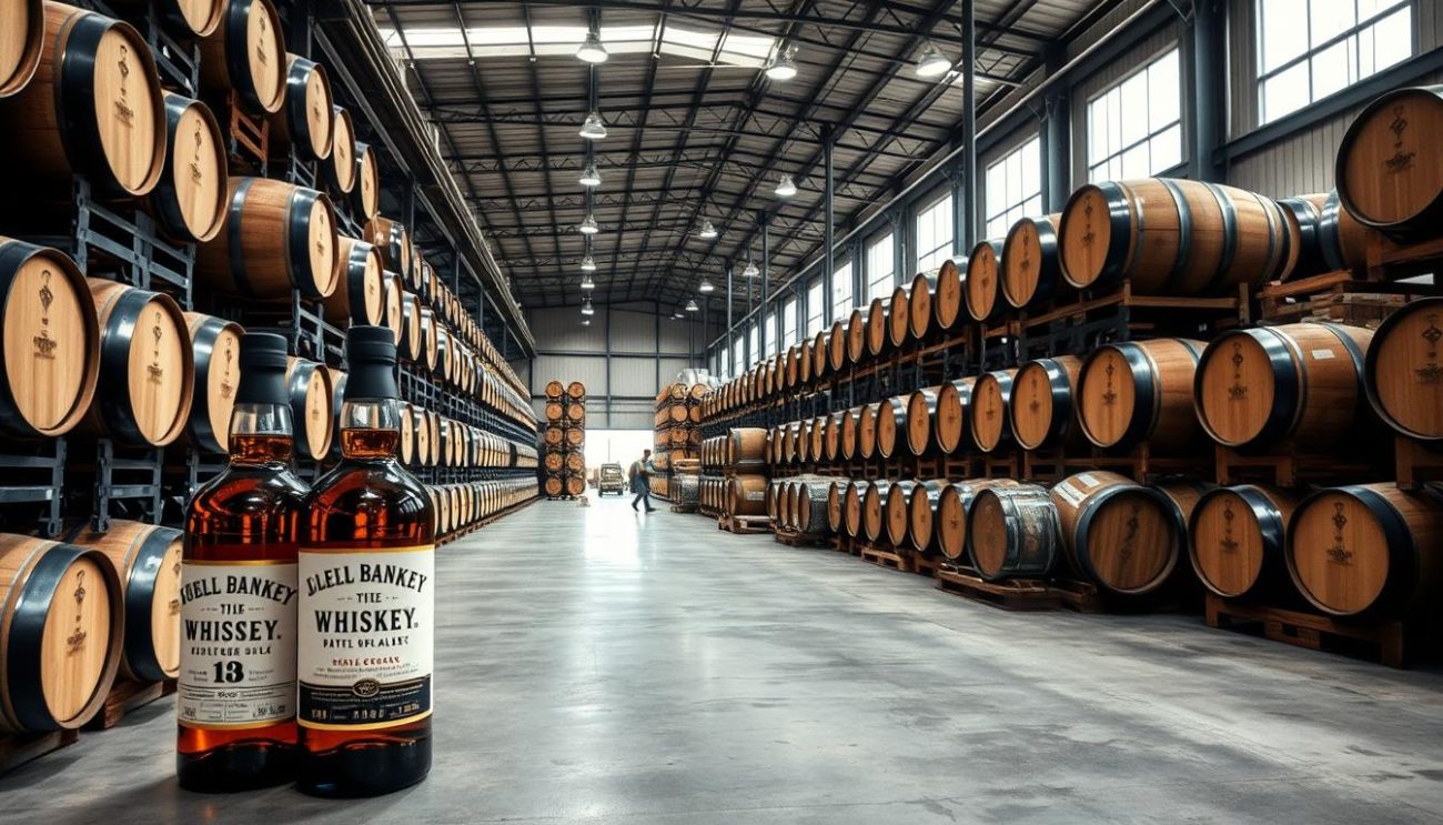 A well-lit interior shot of a large industrial warehouse, with rows of oak barrels stacked floor-to-ceiling. In the foreground, several branded whiskey bottles are prominently displayed, their labels clearly visible. The middle ground features workers carefully loading and unloading the barrels, conveying a sense of operational efficiency. The background showcases the warehouse's high ceilings, concrete floors, and a mix of natural and artificial lighting, creating a professional, business-like atmosphere. The overall scene exudes a sense of quality, scale, and attention to detail in the branded whiskey bulk order fulfillment process.