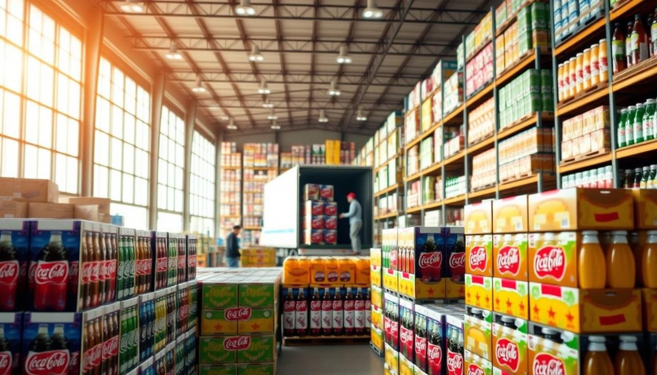 A well-lit, inviting interior of a soft drink wholesaler's warehouse. In the foreground, rows of neatly stacked soft drink cases, their vibrant labels reflecting the warm, natural lighting. In the middle ground, a team of workers efficiently loading pallets onto a delivery truck, showcasing the operational efficiency of the business. The background features towering shelves filled with an impressive inventory of popular soft drink brands, conveying the wholesaler's extensive product range. The overall atmosphere is one of organized productivity, highlighting the wholesaler's capability to serve a wide customer base.