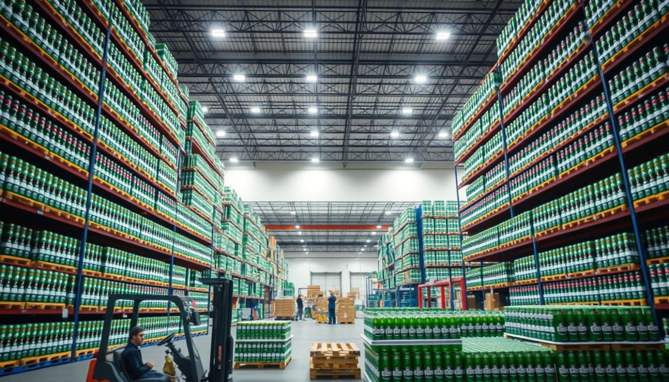 A well-lit, large-scale warehouse interior with towering shelves stocked with rows of Heineken beer cases. The foreground features a forklift operator transporting a pallet of beer bottles, the middle ground showcases a team of workers efficiently sorting and packaging the products, and the background depicts the expansive distribution infrastructure with loading docks and logistics equipment. The lighting is bright and even, creating a clean, professional atmosphere that highlights the precision and efficiency of the wholesale beer distribution operation.