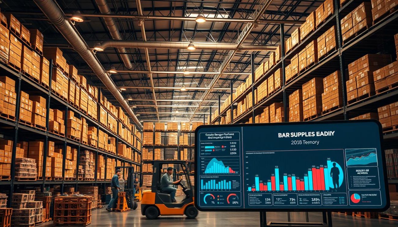 A well-lit modern warehouse interior, shelves stocked with neatly organized boxes and crates of bar supplies. Forklifts move pallets of goods, workers efficiently loading trucks at the docks. Overhead, a network of pipes and industrial lighting fixtures cast a warm glow. In the foreground, a large display board showcases bar inventory data and market trend analysis. The scene conveys an efficient, high-volume bar supply operation, ready to meet the demands of the European hospitality industry.