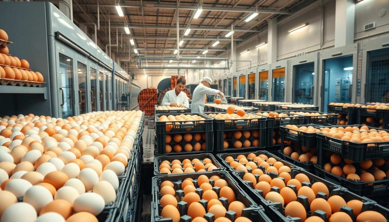 A well-lit, modern warehouse interior showcasing a diverse array of high-quality eggs. In the foreground, crates of freshly gathered eggs in a variety of sizes and shades, neatly arranged on steel shelves. In the middle ground, workers in white uniforms carefully inspecting and packaging the eggs. The background features state-of-the-art refrigeration units, conveyor belts, and other industrial equipment, all bathed in a warm, inviting glow from overhead lighting. The atmosphere conveys a sense of efficiency, cleanliness, and attention to detail, reflective of a reliable wholesale egg supplier.