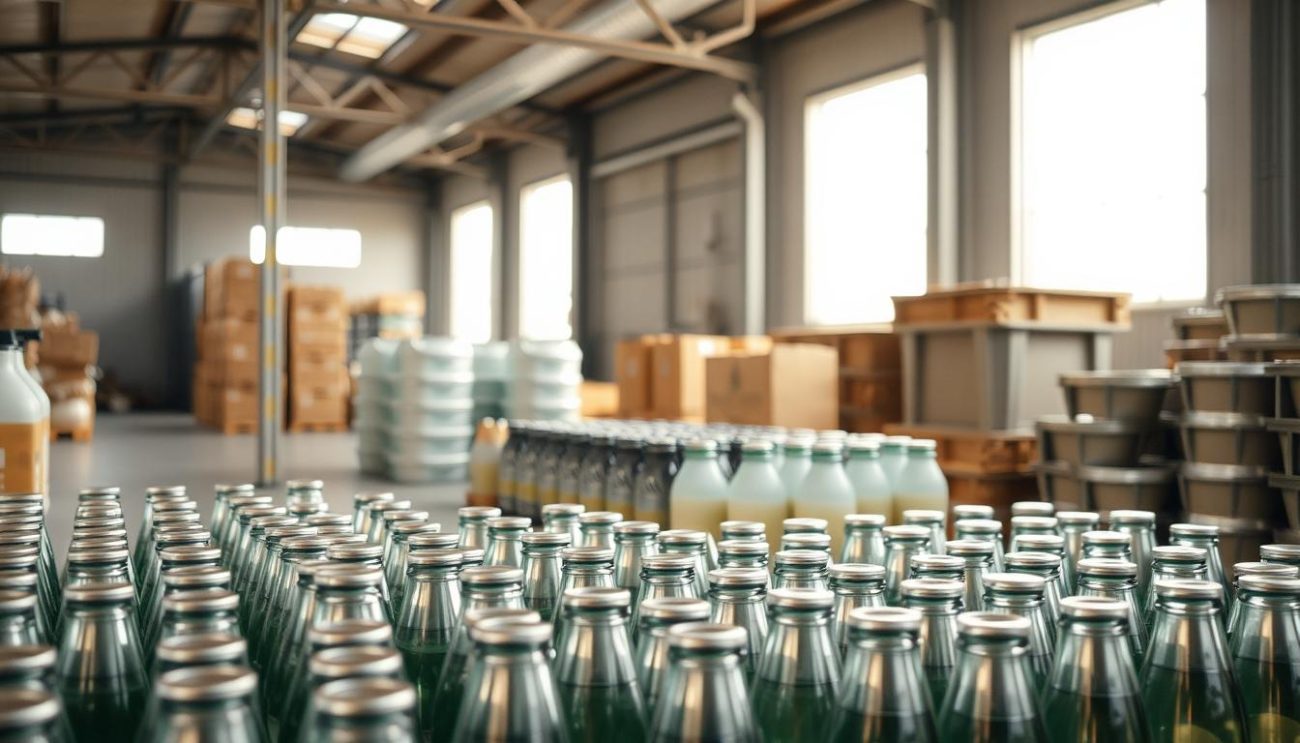 A well-lit, modern warehouse interior showcasing an arrangement of sustainable drink packaging solutions. In the foreground, rows of reusable glass bottles and aluminum cans are neatly stacked, their sleek designs and muted colors reflecting the commitment to environmentally responsible packaging. The middle ground features bulk containers made from compostable materials, ready to be filled and distributed. In the background, natural light streams in through large windows, illuminating the scene and creating a sense of openness and transparency. The overall atmosphere conveys a balance of functionality, innovation, and environmental consciousness.