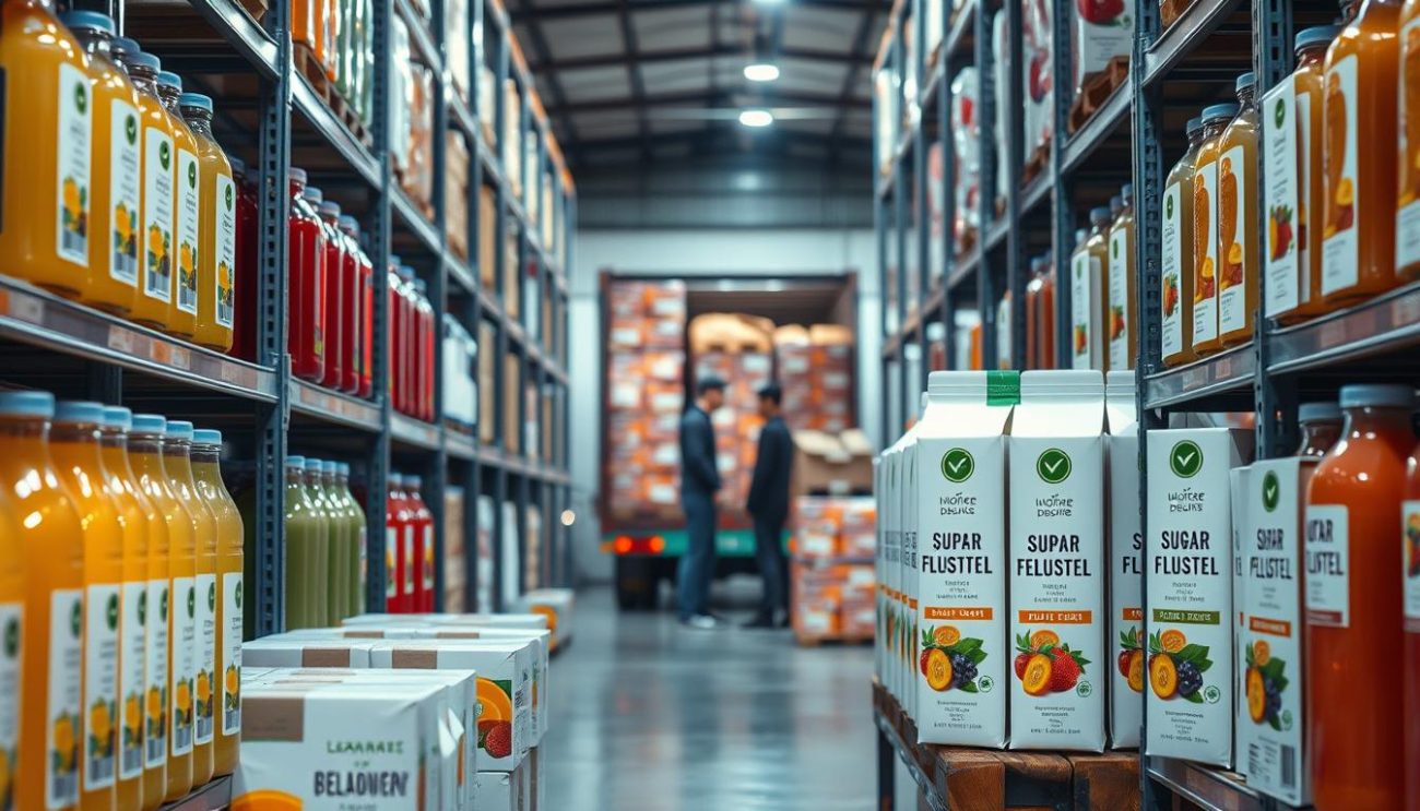 A well-lit, modern warehouse interior showcasing various glass bottles and cartons of sugar-free fruit-infused beverages neatly arranged on sturdy metal shelves. The bottles feature sleek, minimalist labeling highlighting the natural ingredients and health benefits. The middle ground depicts workers carefully stacking and loading the pallets onto a delivery truck, conveying the efficient, professional handling of the products. The background softly blurs, focusing attention on the vibrant, alluring colors and textures of the beverage formulations. The overall mood is one of quality, health-consciousness, and a commitment to customer satisfaction.